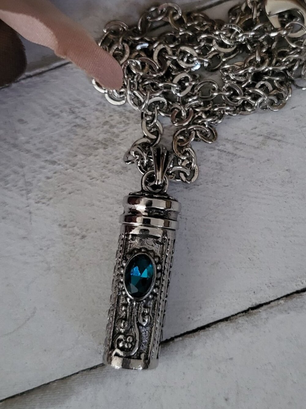 December Birthstone Blue Topaz Zircon Crystal Cylinder Locket Pendant Necklace